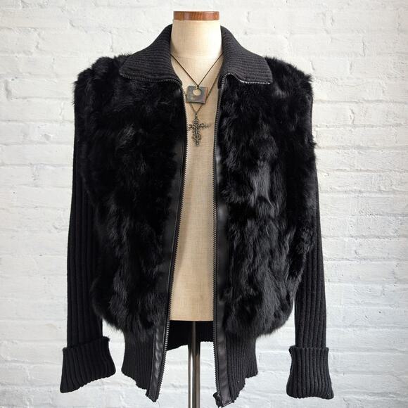 Vintage Black Genuine Rabbit Fur Sweater Stretchy Jacket Knit Faux Leather Top - Picture 1 of 7